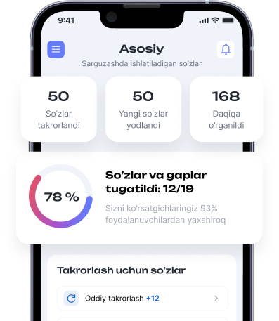 Lingolab ilovasining asosiy ekrani: kunlik statistika va takrorlash uchun so‘zlar